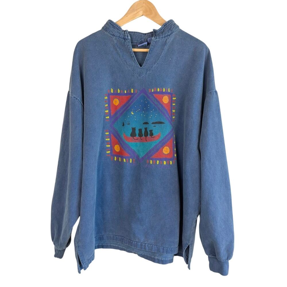 Vintage WEK The World XXL 100% Cotton USA Cat Folk Art Graphic Pullover 90s